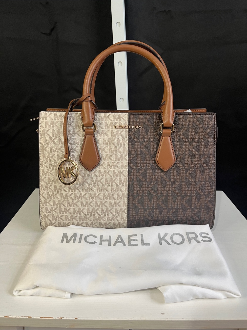 Michael Kors Two-Tone Signature Satchel in Brown & Cream with Tan Trim